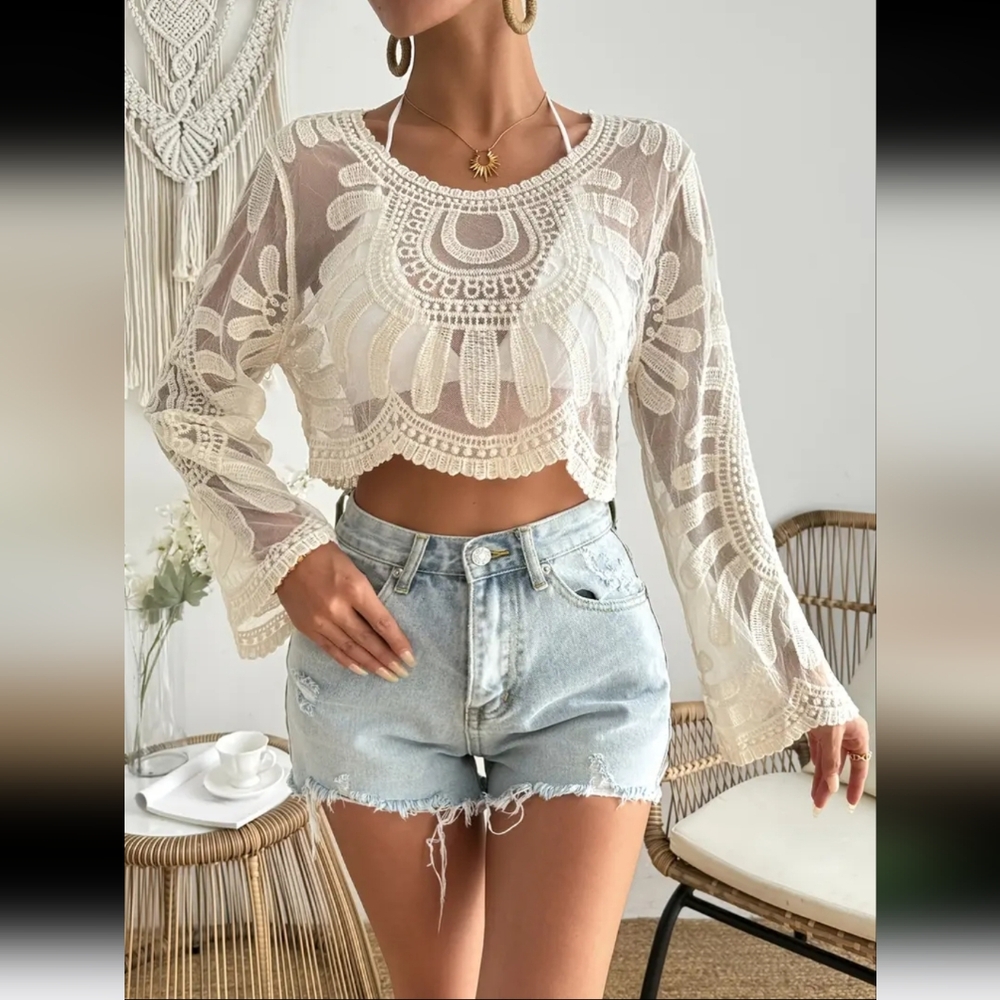 Bohemian Long Sleeve Embroidered Semi Sheer MeshTop Cream Beige S/4 M/6 L/8-10 - Picture 2 of 9